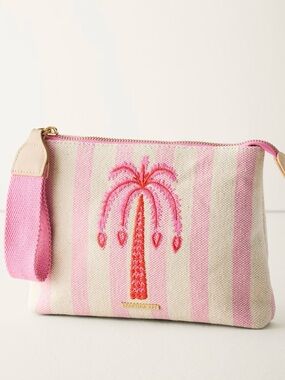 Tommy Bahama Pink & Cream Striped Palm Embroidered Wristlet